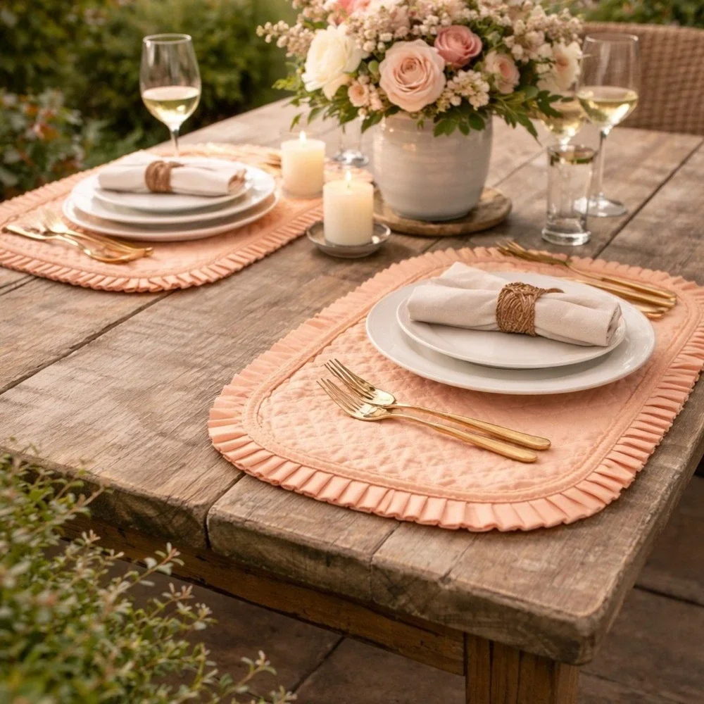 Set of Quilted Ruffle Trim Oval‎ Placemats Peach Pink Cottagecore Table Decor